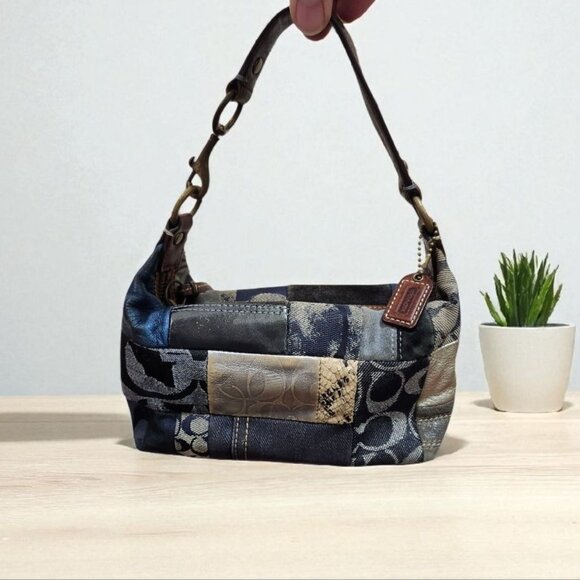 COACH Patchwork Denim Flower Print Accessory Pouch Mini Bag Indigo Canvas RARE - Picture 1 of 16
